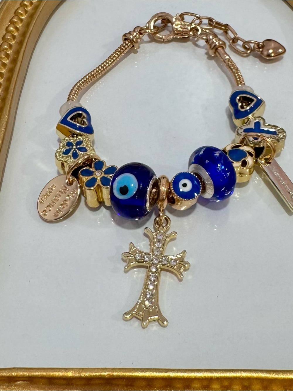 New Gold-Tone Bracelet with Blue Evil Eye Beads and Crystal Cross Charm 7 inches